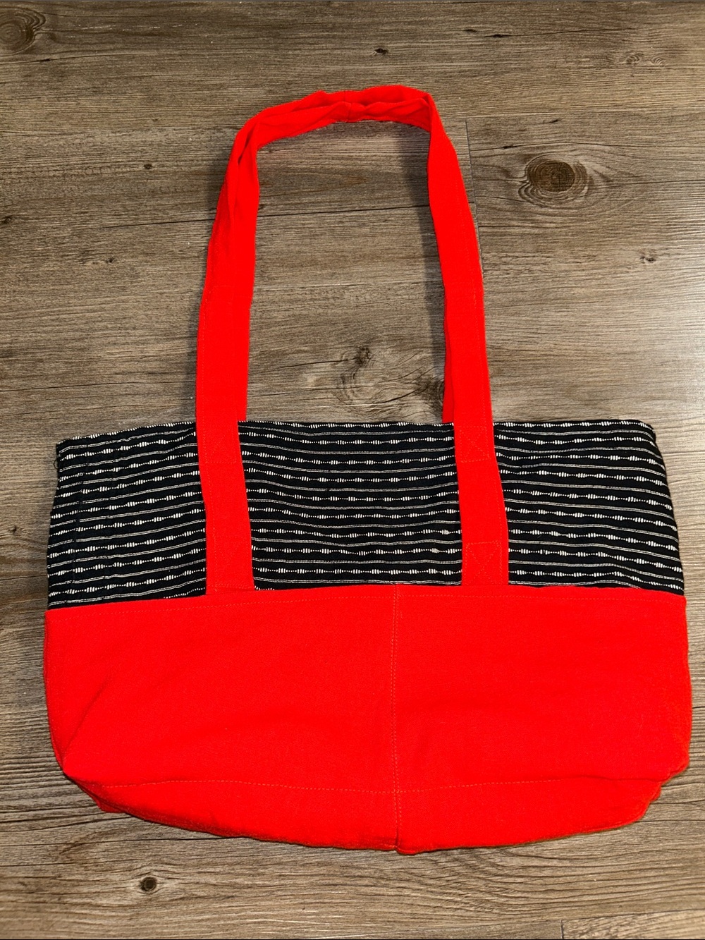Bright Red Canvas Tote with Black Patterned Accent